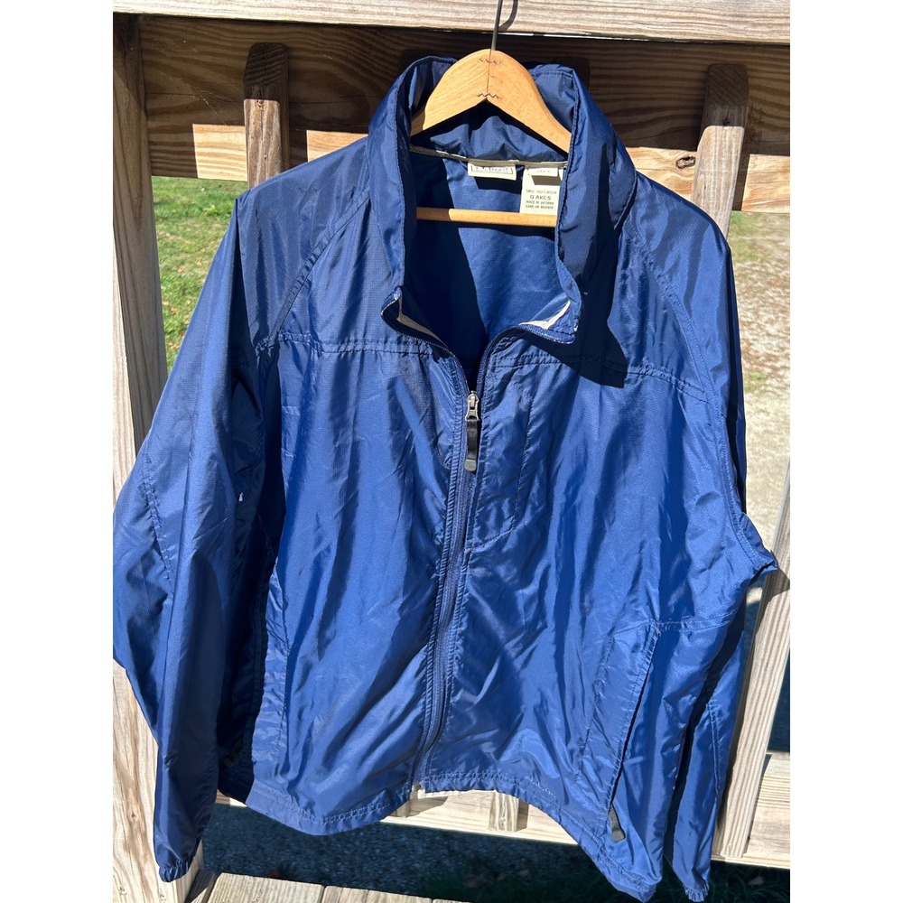 LL Bean Stowaway Windbreaker Mens Large Blue Hooded Full Zip - Excellent Cond.